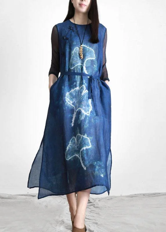 Women Blue Print tie waist Linen side open Summer Ankle Dress