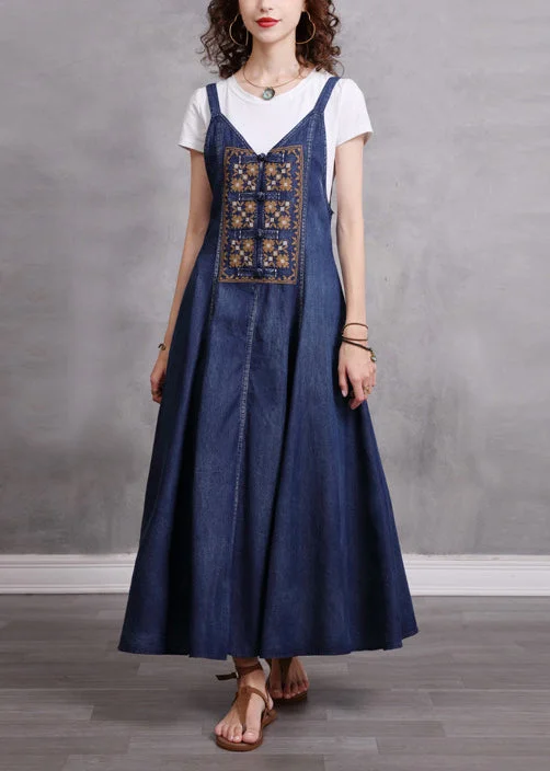 Women Blue V Neck Embroideried Spaghetti Strap Cotton Long Dress Sleeveless