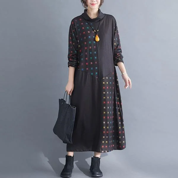 Women Casual Long Dress New Arrival  Style Turtleneck Patchwork Print Loose Female Dresses