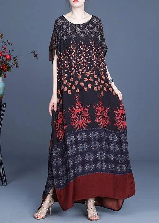 Women Clothes Side Open Fashion Stitching Floral Leaf Casual Long Dress