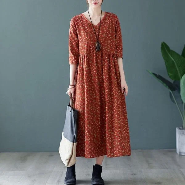 Women Cotton Linen Casual Dress V-neck Loose Ladies Elegant A-line Long Dresses