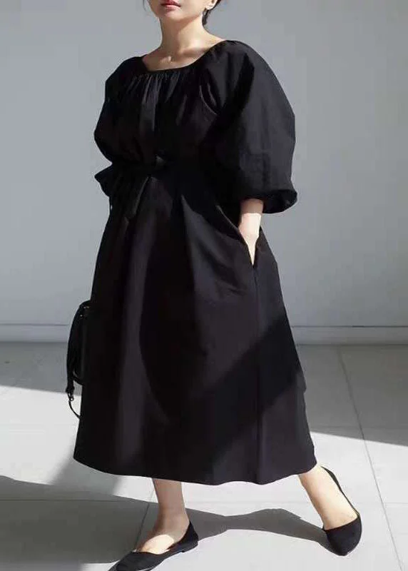 Women easy black tie waist Puff Sleeve Cotton long Dress