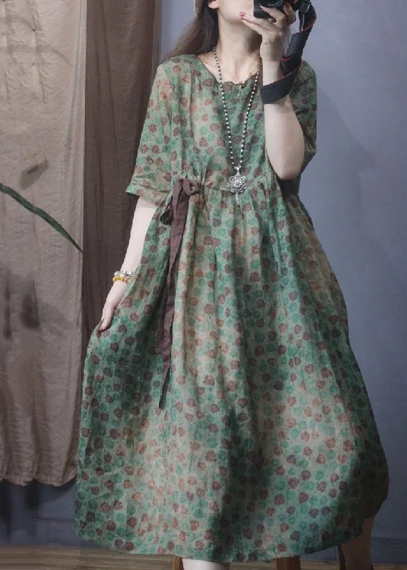 Women Green O-Neck Cinched Print Linen Long Dress Summer