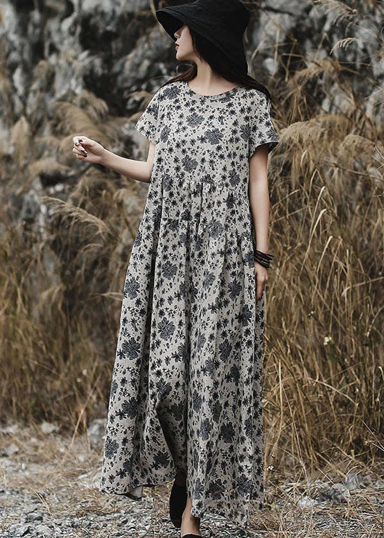 Women Grey O-Neck Print Long Dress Short Sleeve (Limited Stock)