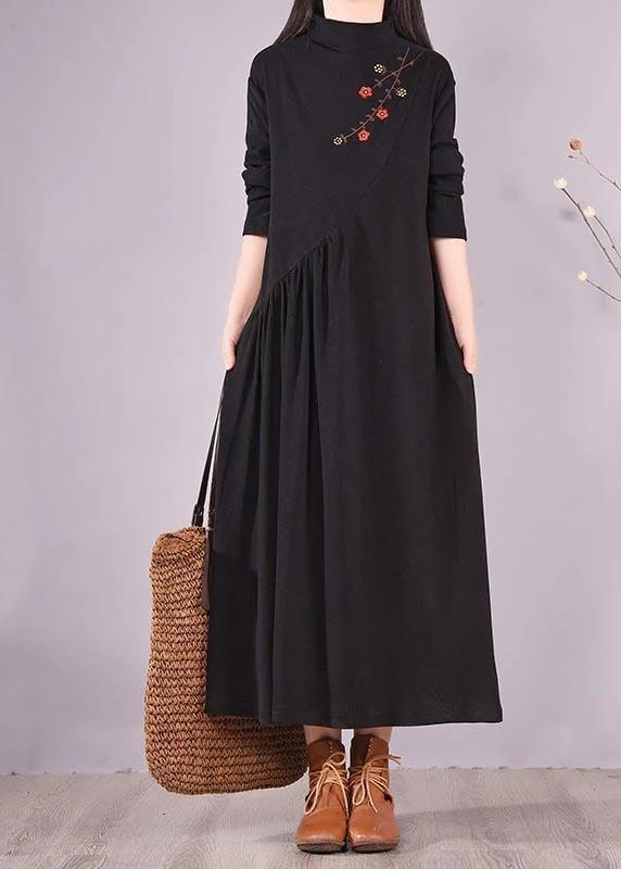 Women High Neck Cinched Spring Clothes Tutorials Black Embroidery Long Dresses