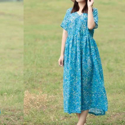 Women high waist linen clothes Sewing blue Dress summer