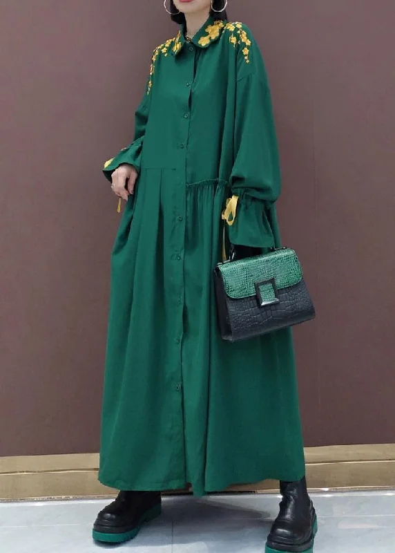 Women Lapel Cinched Spring Fashion Ideas Green Embroidery Long Dresses