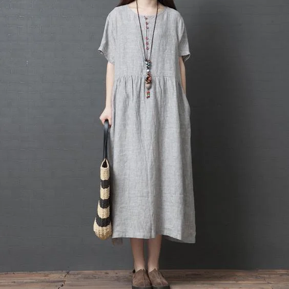 Women o neck cotton dresses design light gray long Dress summer