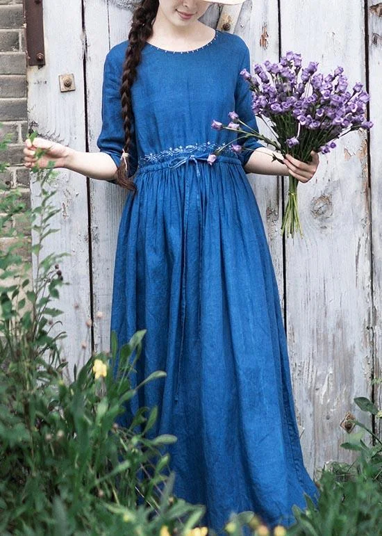 Women O Neck Drawstring Spring Tunic Runway Blue Long Dresses ( Limited Stock)