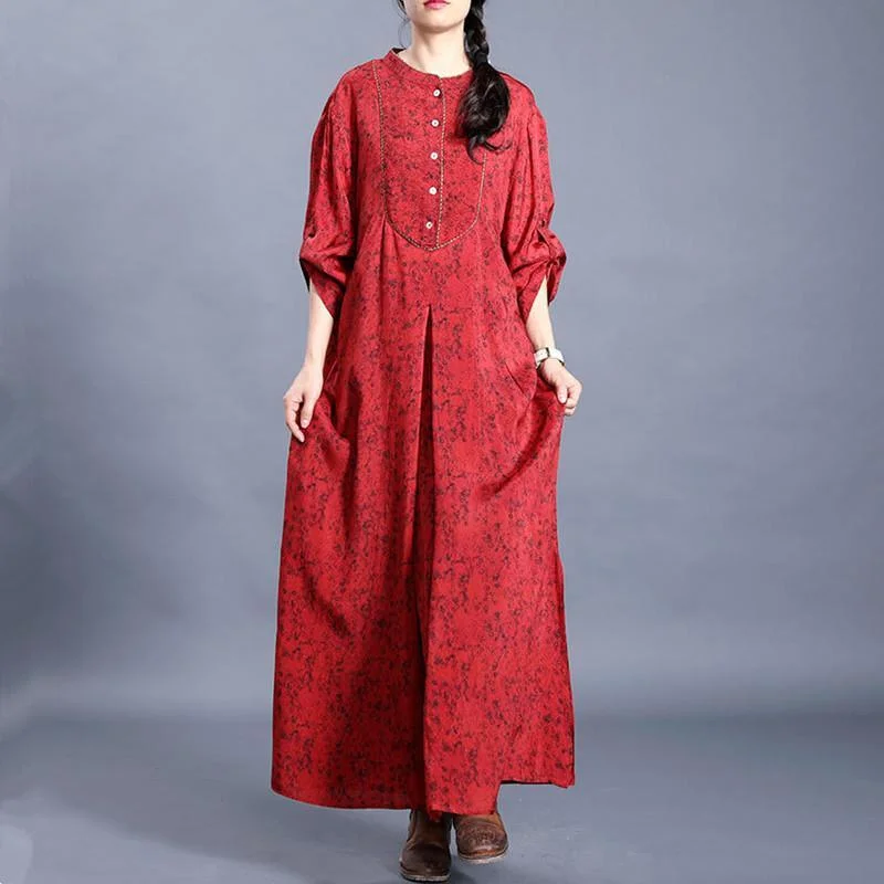 Women o neck side open spring dresses Tutorials red print long Dresses