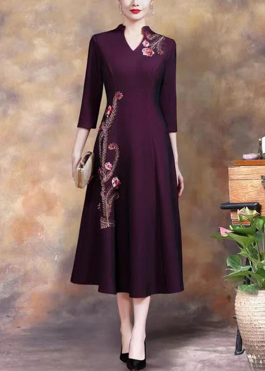 Women Purple Embroideried Sequins Cotton Long Dress Fall