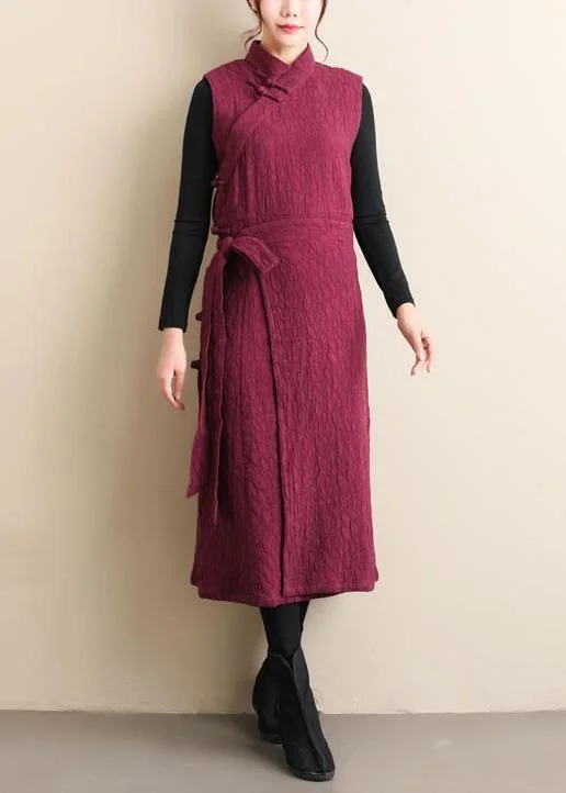 Women Stand Collar Tie Waist Spring Long Shirts Tutorials Burgundy Dresses