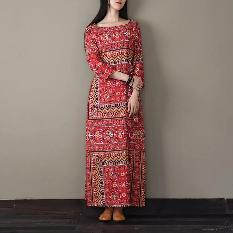 Women tie waist cotton spring tunics for women Tunic Tops red prints long Dress