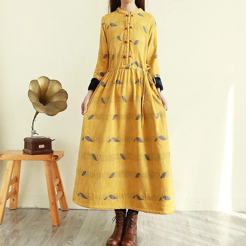 Women tie waist linen winter clothes Online Shopping yellow prints Dress