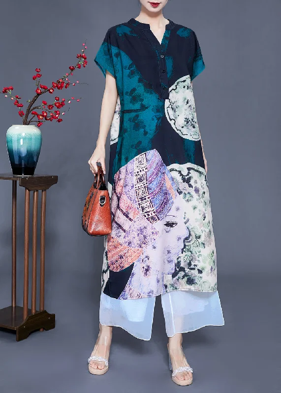 Women V Neck Original Design Print Silk Long Dress Summer