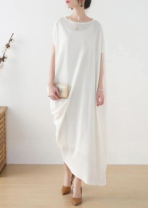 Women White asymmetrical design Linen Summer Long Dresses