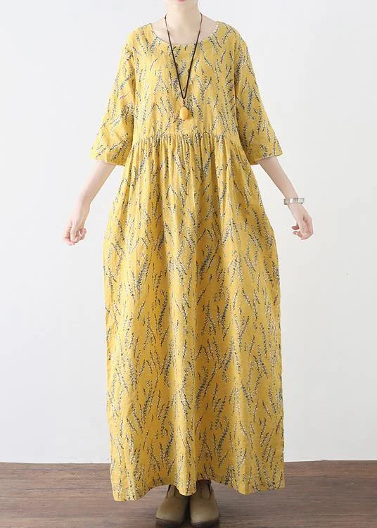 Yellow High Waist Print Loose Half Sleeve Cotton Linen Dress