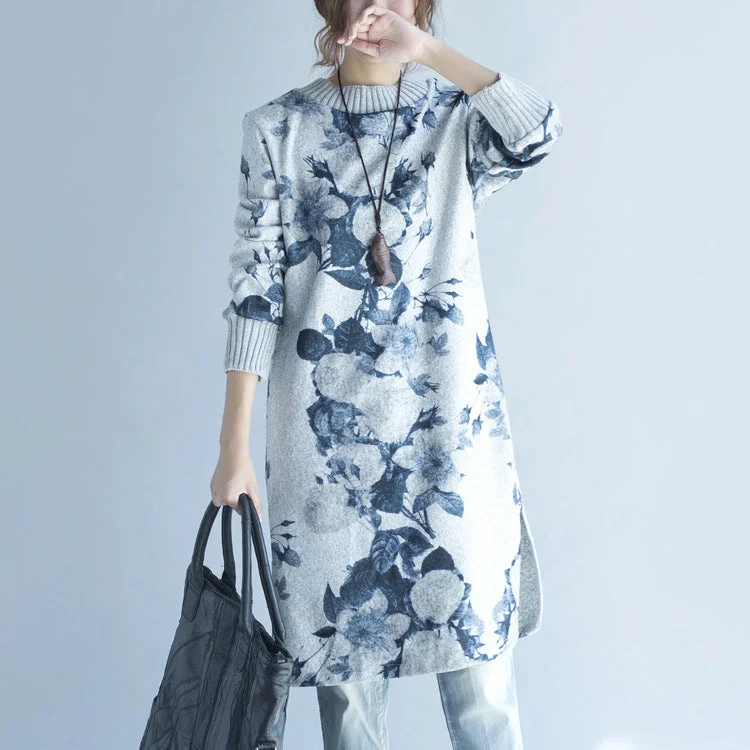 2024 autumn winter gray print woolen knit dresses plus size  fit sweater dress side open Collared Crew Neck Turtle Neck
