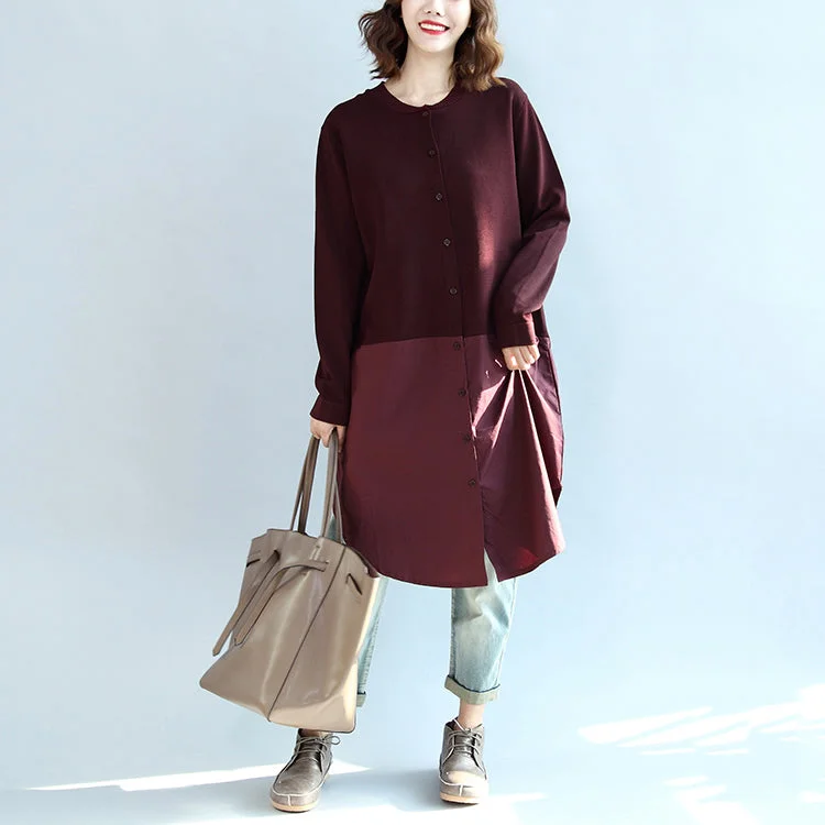 2024 fall burgundy patchwork hem cotton sweater dresses plus size casual knit shirts dress