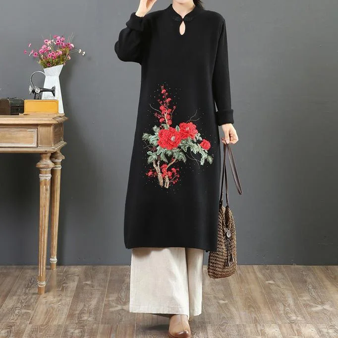 Aesthetic stand collar Sweater embroidery weather Largo black Tejidos sweater dresses Machine Wash Dry Clean Hand Wash