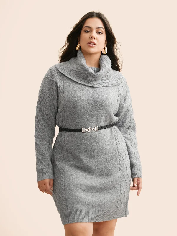 Airy Cozy Cable Knit Wool Sweater Dress Front Pockets Side Pockets Patch Pockets