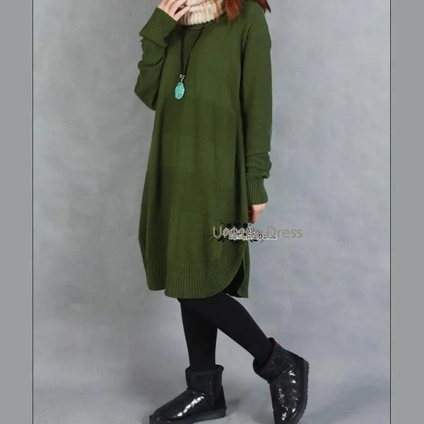 Army green oversize women sweater knit dress Handmade Hand-knitted Hand-woven