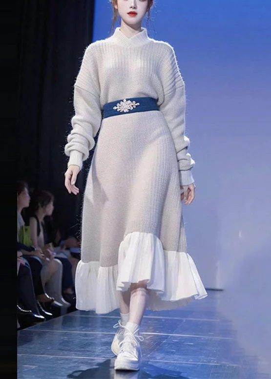 Art Beige Turtleneck Patchwork Cotton Knit Sweater Dress Long Sleeve Stretchy Elastic Breathable