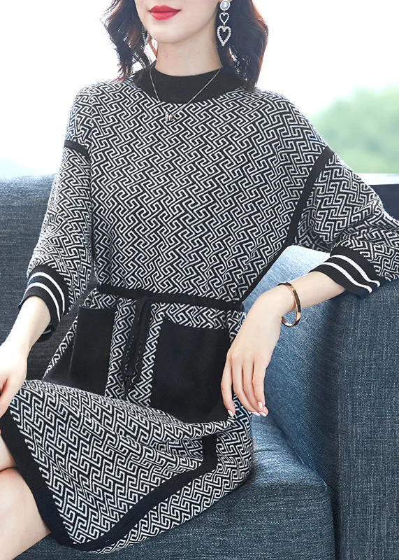 Beautiful Black O-Neck Print Drawstring Knit Sweater Dress Long Sleeve Real Fur Shearling Chenille