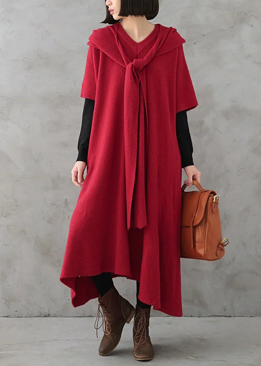 Beautiful Red V Neck Side Open Cashmere Knit Holiday Sweater Dress Fall Open Front Closed Front Wrap Front