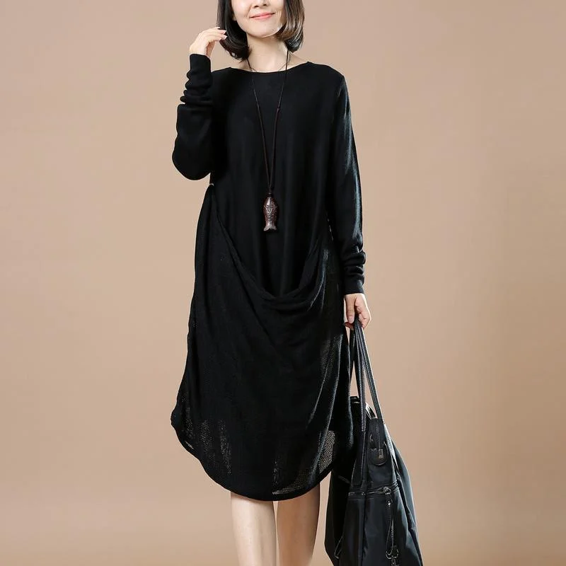 Black asymmetrical knit dresses long sweater Slim Fit Regular Fit Oversized