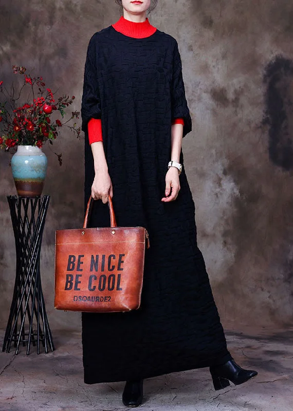 Black Bat wing Sleeve Knit Long Sweater Winter Polka Dot Checkered Tartan