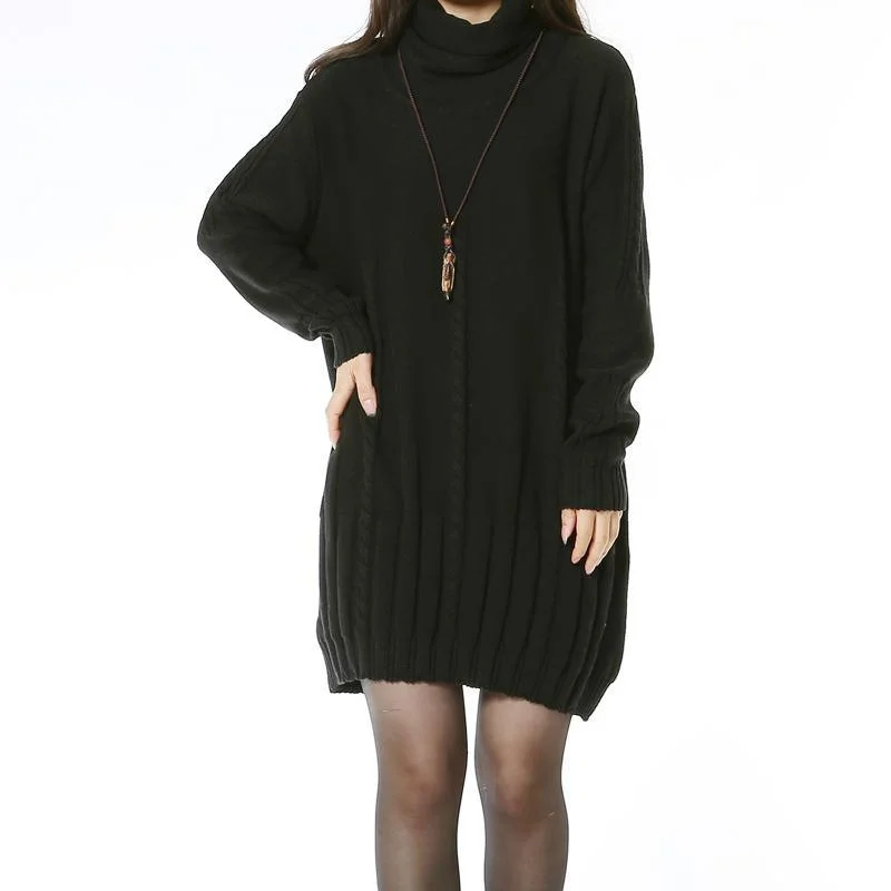 Black cable knit women sweater dress Solid Color Striped Floral Print