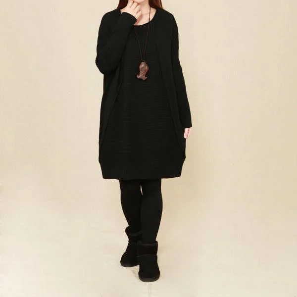 Black long sweater oversize dress Cable Knit Ribbed Knit Lace Knit