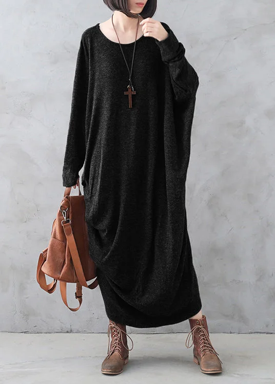 Black O-Neck Low High Design Wool Knit Maxi Sweater Dress Fall Sweater Knitwear Pullover