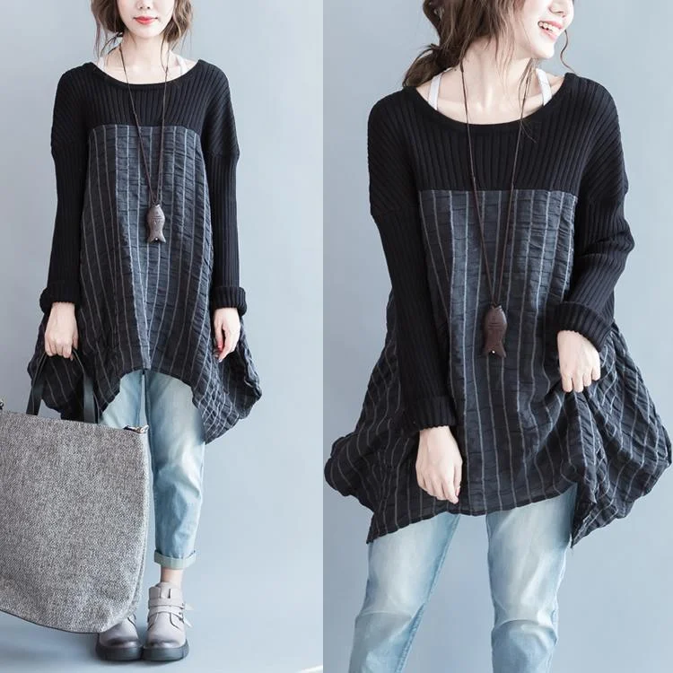 Black patchwork sweater dress baggy knit sweater blouse oversize winter cute maternity dresses Fleece Fabric Down Fabric Feather Fabric