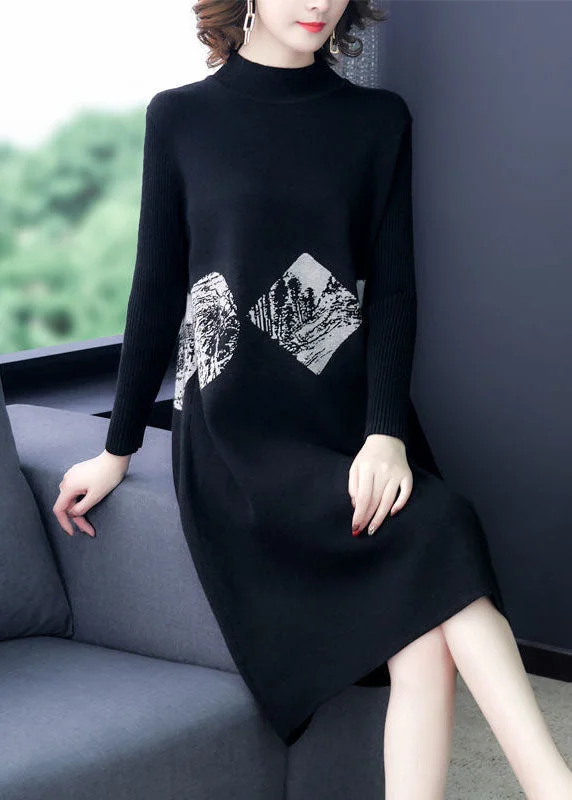Black Print Warm Cashmere Sweater Dress Stand Collar Long Sleeve Satin Fabric Silk Fabric Chiffon Fabric