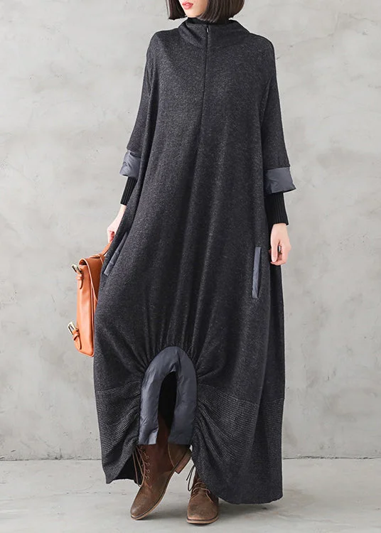 Black Turtleneck Patchwork Cashmere Knit Sweater Dress Winter Cotton Fabric Linen Fabric Terry Fabric