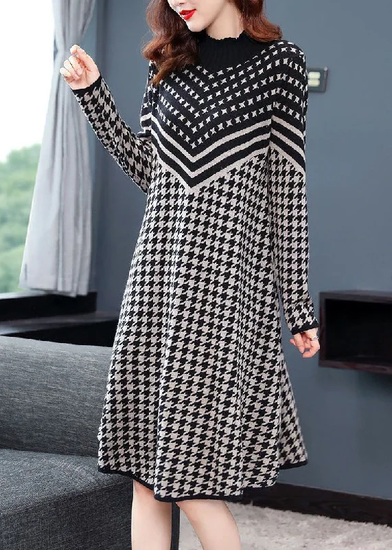 Black White Print Cinch Sweater Dress High Neck Long Sleeve Elasticated Padded Insulated