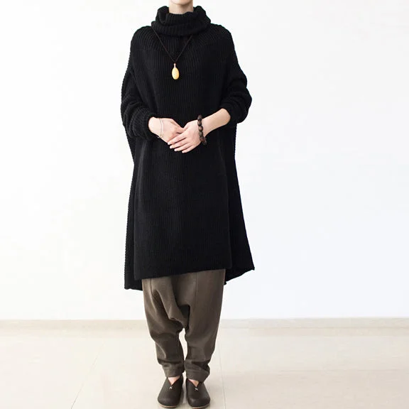 black winter dresses oversized long cotton sweaters warm knit dresses turtle neck 2024