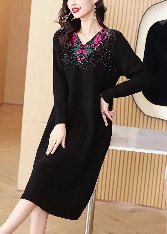 Black Zircon Patchwork Knit Winter Sweater Dress V Neck