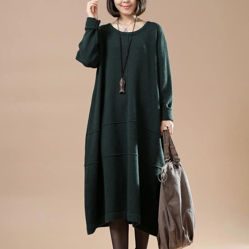 Blackish green long sweaters oversize knit dresses elegant style Front Pockets Side Pockets Patch Pockets