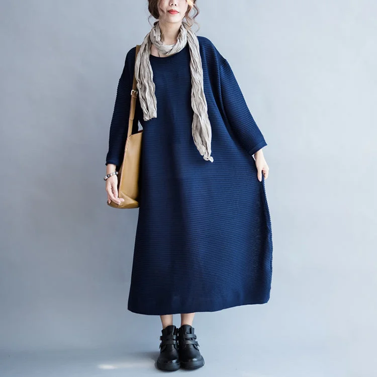 blue casual warm knit dresses oversize o neck sweater dress Print Jacquard Patchwork
