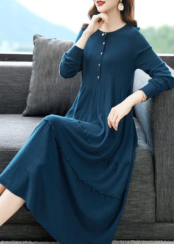Blue Knit Sweater Dress O-Neck Ruffled Solid Button Winter Fitted Loose Oversized