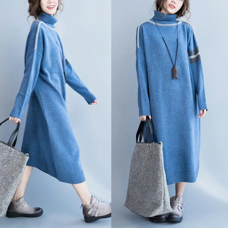 Blue Loose Sweater Dress Oversized Knit Maxi Dress Knitted Caftan Turtle Neck Toggled Drawstring Belted