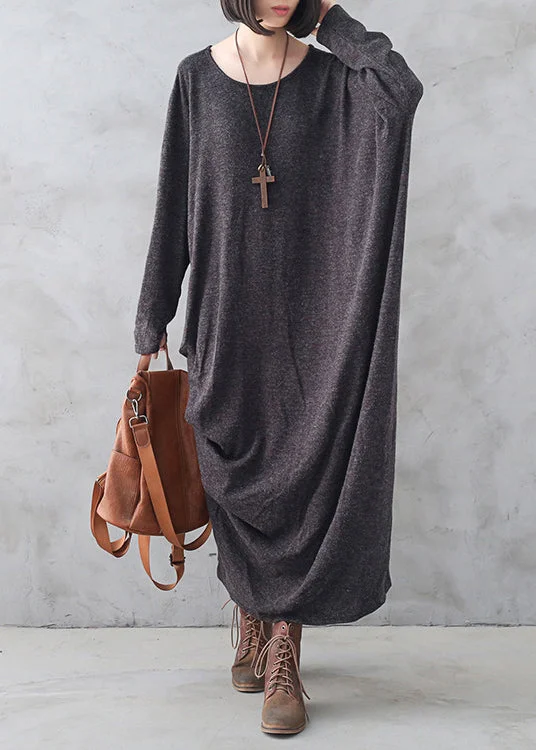 Bohemian Dark Grey O-Neck Asymmetrical Wool Knit Maxi Sweater Dress Fall Houndstooth Herringbone Solid