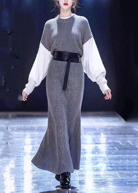 Boho Grey O-Neck Patchwork Tie Waist Cotton Knit Sweater Dress Long Sleeve Mesh Blend Leather Blend Suede Blend