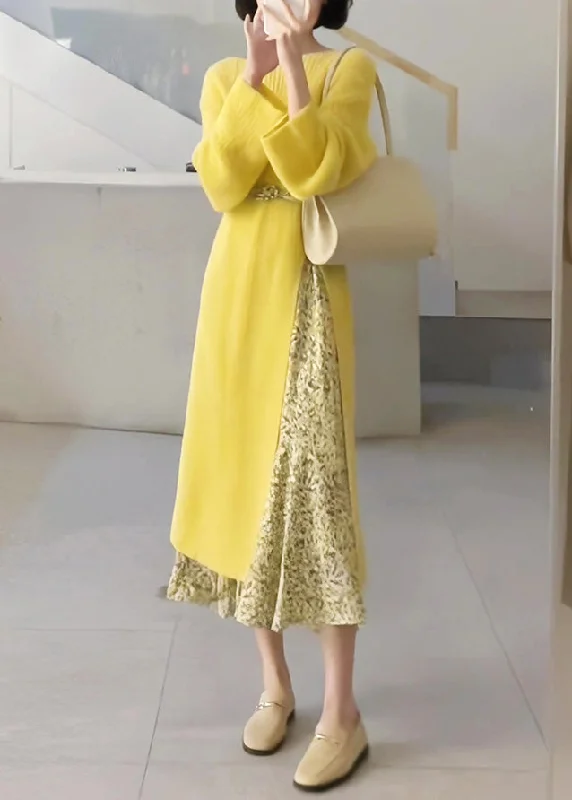 Boho Yellow O-Neck Knit Sweaters Dresses And Skirts Two Piece Set Fall Striped Floral Plaid