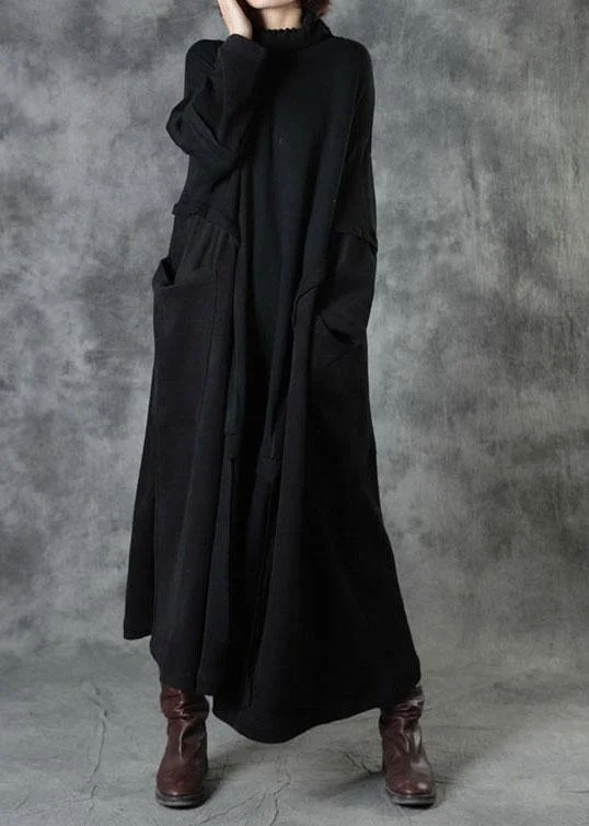 Boutique Black Loose Pockets Winter Corduroy Long Dress Sweater Terry Blend Velvet Blend Canvas Blend