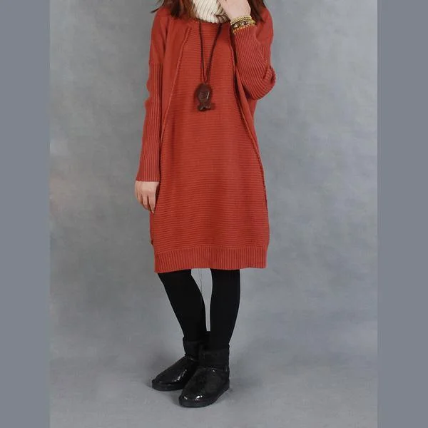 Brick red knitted women sweater dress Embroidered Appliqued Beaded