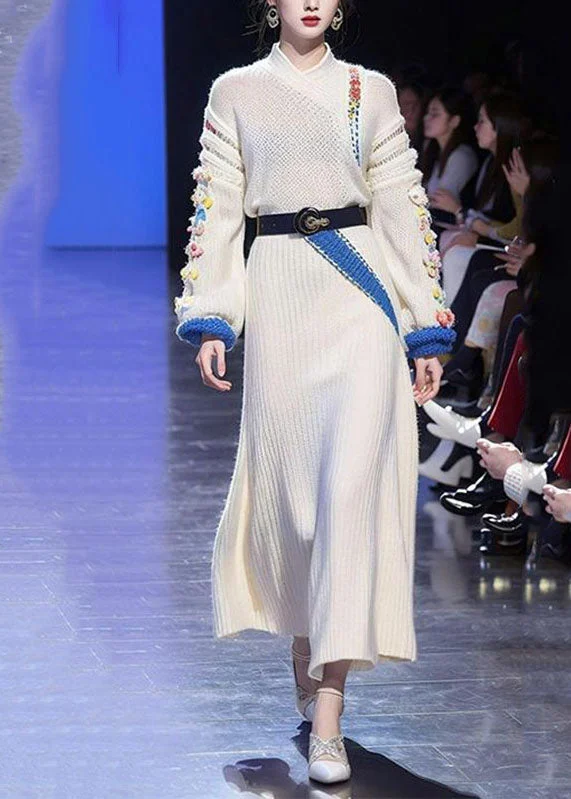 Brief White Stand Collar Floral Tie Waist Cotton Knit Sweater Dress Long Sleeve Ribbed Striped Patterned